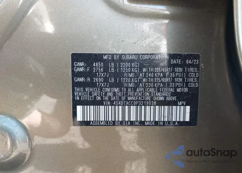 2023 Subaru Outback Premium z USA, uszkodzony, nr VIN 4S4BTACC0P3219038